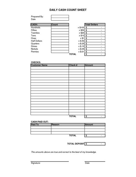 Daily Cash Count Sheet Template | Sheet, Counting, Cash out