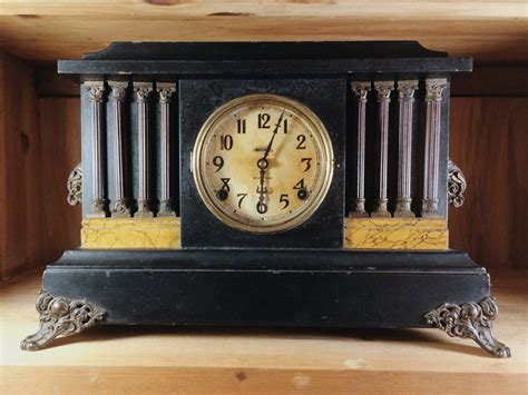 Antique Ingraham Black Mantel Clock With Pillars Marble