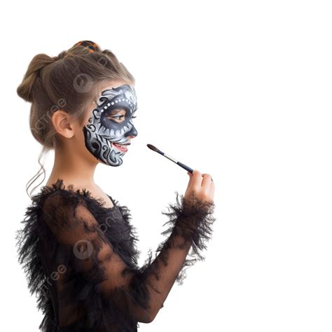 Rear View Of A Beautiful Young Girl Smudging Her Halloween Makeup In