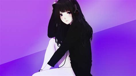 Download 1920x1080 Wallpaper Headphone Cute Anime Girl Black Hoodie Full Hd Hdtv Fhd