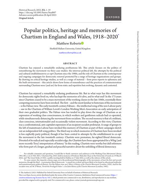 Pdf Popular Politics Heritage And Memories Of Chartism In England And Wales 19182020