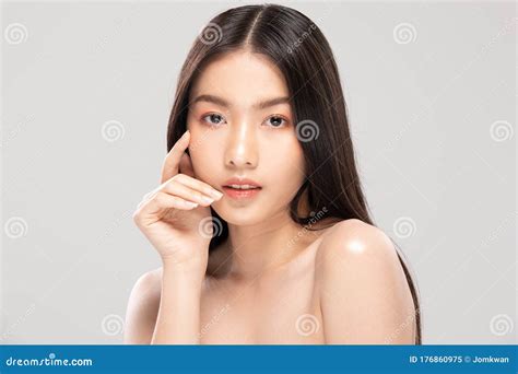 Beautiful Asian Woman Touching Soft Cheek Smile With Clean And Fresh