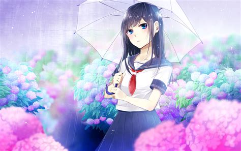 Download 3840x2160 Anime Girl School Uniform Raining Umbrella