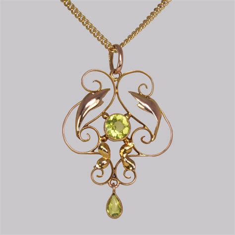 Art Nouveau Peridot Pendant Antique 9ct Gold Pendant And Chain Edwardian