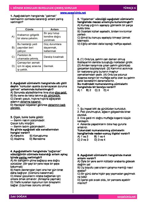 6 SINIF TÜRKÇE BURSLULUK ÇIKMIŞ SORULAR SOSYALCİNİZ NET Sosyal