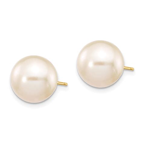 14k 10 11mm White Round Freshwater Cultured Pearl Stud Post Earrings