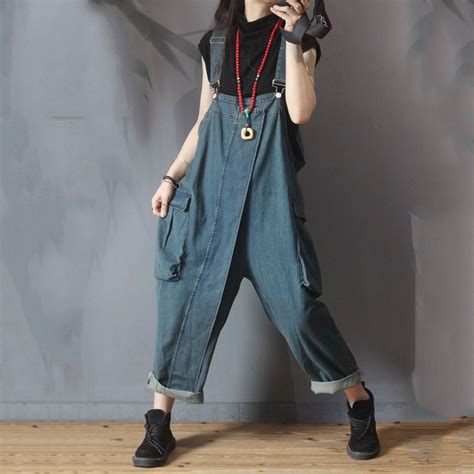 Trendy Backless Jean Overalls Big Flap Pockets Baggy One Piece In Dark