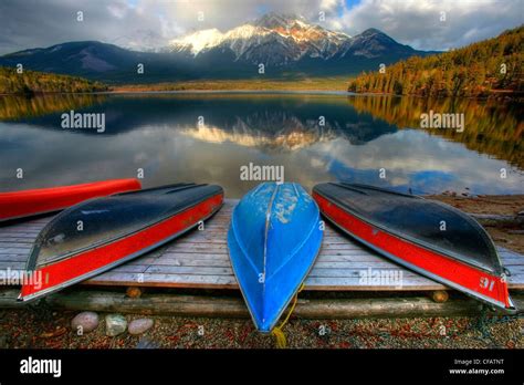 Beached Canoes On Dock Pyramid Lake Jasper National Park Alberta