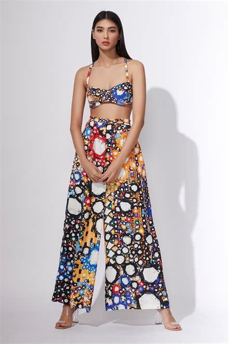 Buy Saaksha And Kinni Multi Color Satin Printed Crop Top And Pant Set Online Aza Fashions