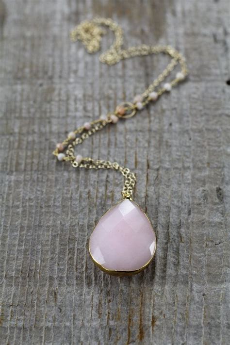 Gold Edged Pink Opal Stone Pendant Necklace With By Joydravecky Stone