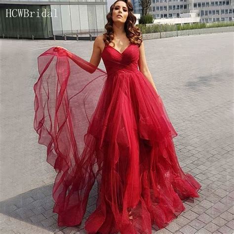 Charming Red Tulle Long Formal Prom Dresses Sweetheart Spaghetti Strap