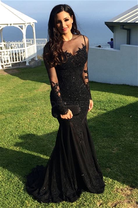 Long Black Mermaid Illusion Neckline Lace Long Sleeves Prom Dresses Party Evening Gowns