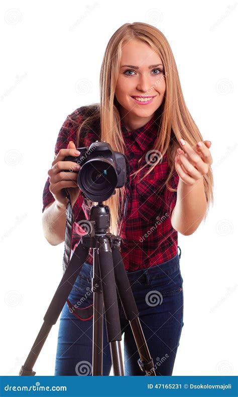 glamour female photographer taking images isolated on white stock image image of equipment