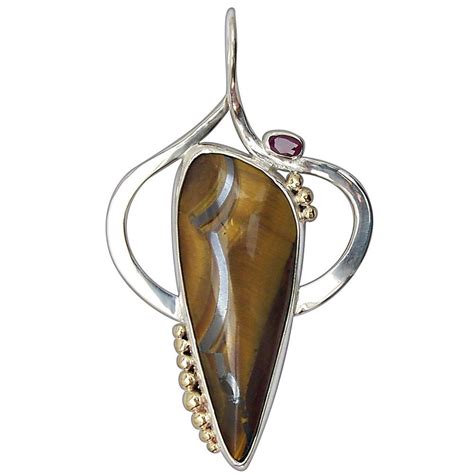 Tigers Eye Ruby And Sterling Silver Pendant With K Gold Accents
