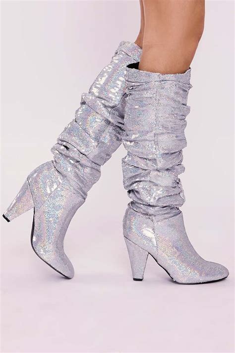 Silver Sequin Knee High Slouchy Boots In The Style
