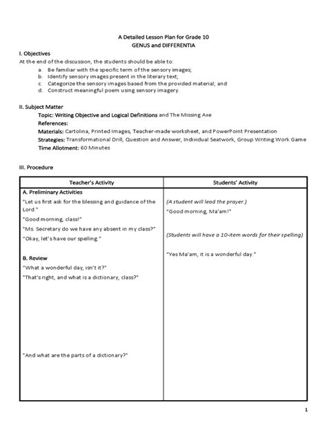Detailed Lp Sensory Imagery Definition Lesson Plan