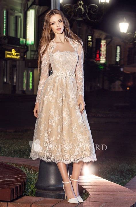 A Line Pleats Appliqued Tea Length Strapless Lace Long Sleeve Illusion