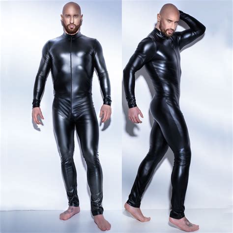 Mens Underwear Faux Leather Long Sleeve Full Body Stocking Tight Pole Dance Bar Clubwear