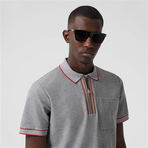 Icon Stripe Detail Cotton Zip Front Polo Shirt In Pale Grey Melange