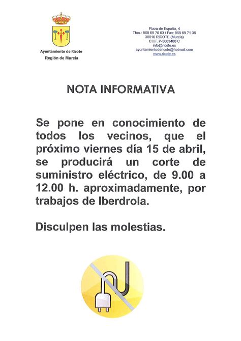 Nota Informativa Corte Suministro ElÉctrico Ayuntamiento De Ricote