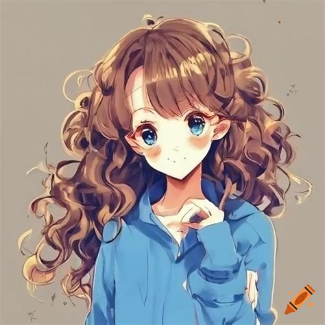 Anime Girl Curly Brown Hair Blue Themed Clothes Cute Kawaii Clean