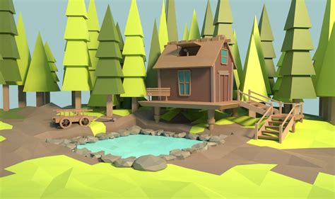 Low Poly Forest House With Pond 3d Model Cgtrader