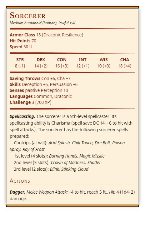 Calculate the average of a set of numbers. 5E Stat block for a CR3 villain sorcerer - Page 2