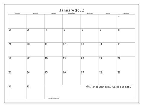 January 2022 Calendars “sunday Saturday” Michel Zbinden En