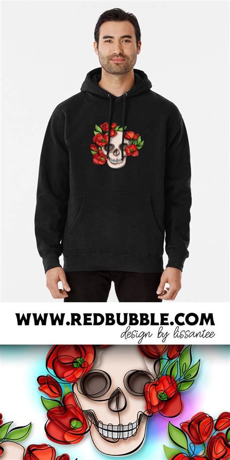 Minimalistic Continuous Line Skull With Poppies Pullover Hoodie By