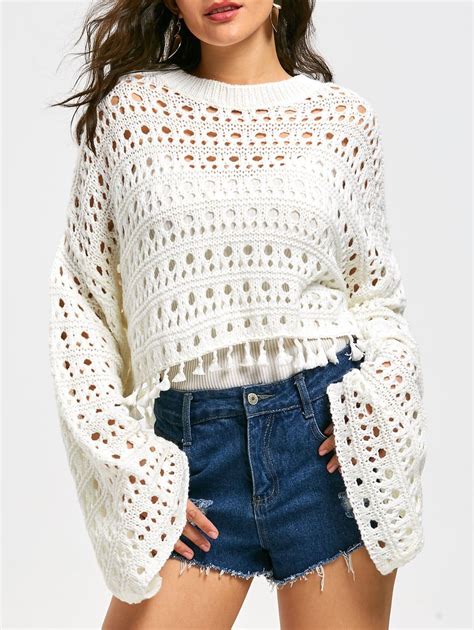 Flared Sleeve Drop Shoulder Crochet Crop Sweater