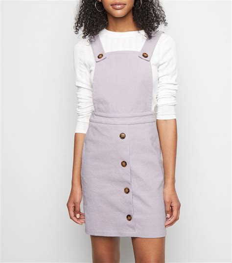Lilac Corduroy Faux Horn Button Pinafore Dress New Look Pinafore