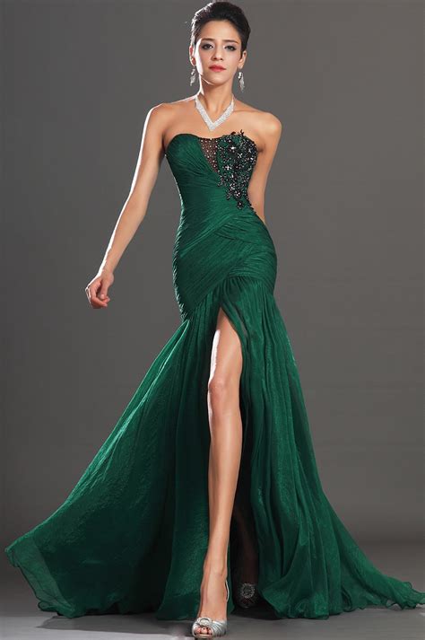 On Sale Sexy Sweetheart Appliques Front Slit Emerald Green Chiffon Mermaid Evening Dress Prom