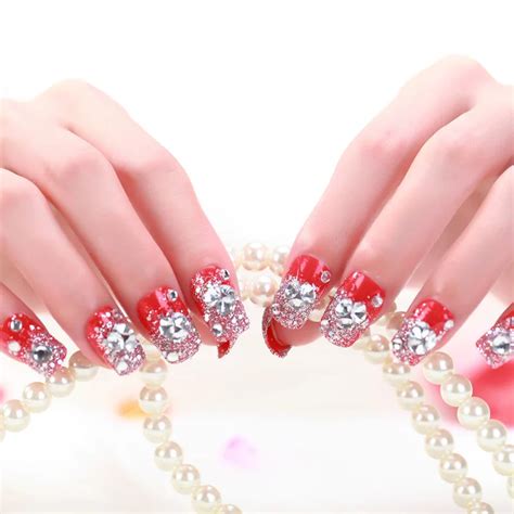 24pcs set finished fake nail glitter wedding shine diamond decoration 3d nail art rhinestones