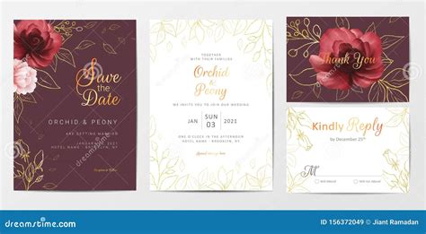 Elegant Golden Flowers Wedding Invitation Cards Template Set Stock