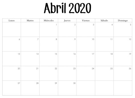 Plantilla Calendario Abril 2020 Para Imprimir Pdf