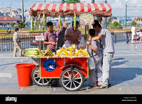 Turkey Istanbul Street Food Vendor With Barrow Or Cart Selling