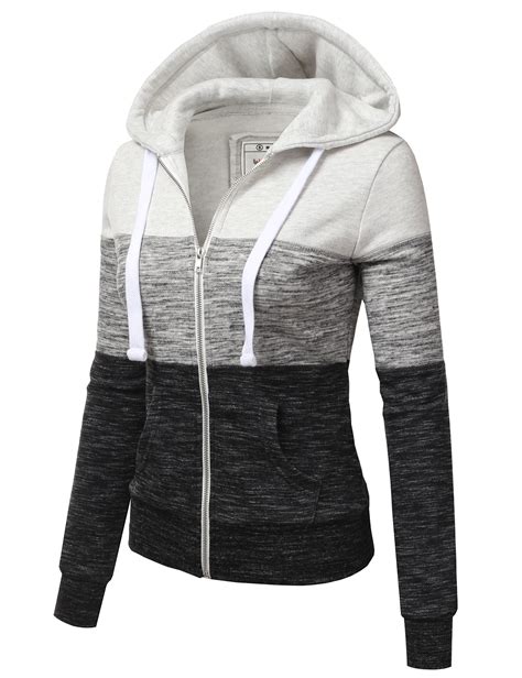 Doublju 3 Color Block Fleece Basic Zip Up Hoodie Jacket