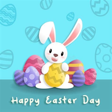 Happy Easter Day In Paper Art Style With Rabbit And Easter Eggs
