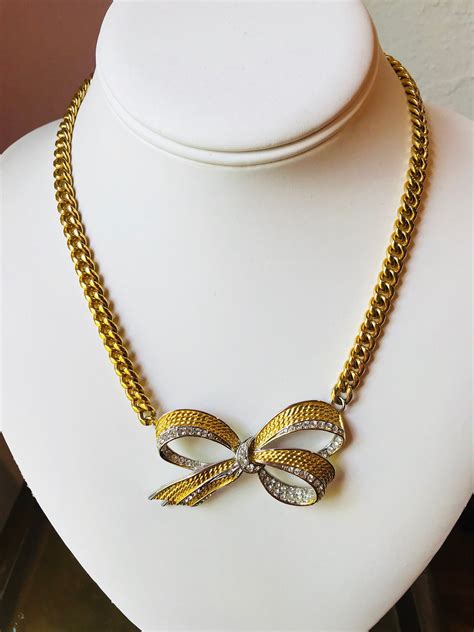 Vintage Large Rhinestone Bow Necklace Gold Curb Chain Silver Etsy
