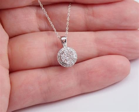 Diamond Cluster Pendant 14k White Gold Diamond Halo Circle Wedding