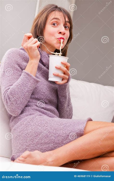 Woman Enjoying Her Noodles In Relax Stock Image Image Of Natural