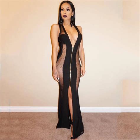 Buy Sexy Women Maxi Dress Sheer Mesh Deep V Sleeveless Split Zip Slim Party