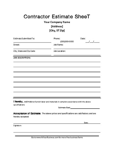 Contractor Blank Estimate Sheet Template Free Download Pdfsimpli