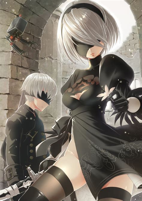 2b And 9s From Nier Automata Illustration Cleavage Black Dress Nier Nier Automata Hd