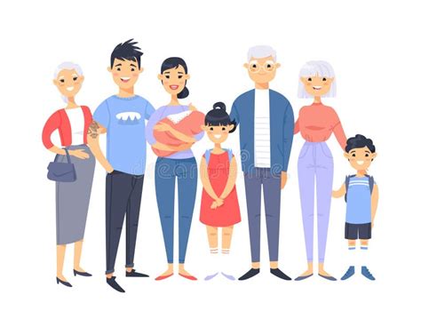 Set Of Different Asian Couples And Families Cartoon Style People Of
