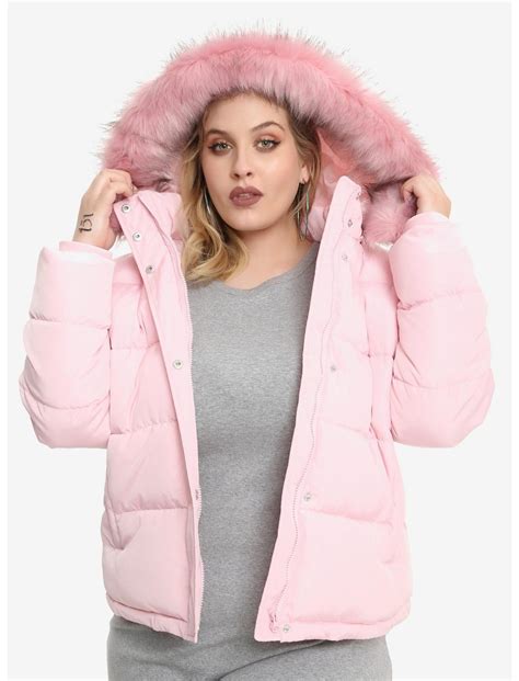 Pink Faux Fur Hood Puffy Girls Jacket Plus Size