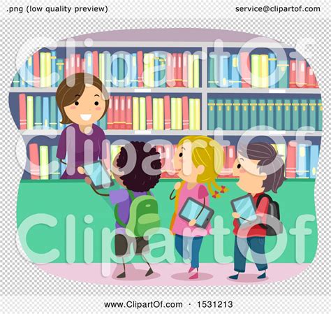 Clipart Of A Group Of Children Checking Out E Books In A Library