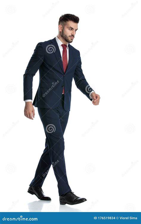 Businessman Wearing Navy Suit Walking Serious Stock Photo Image Of