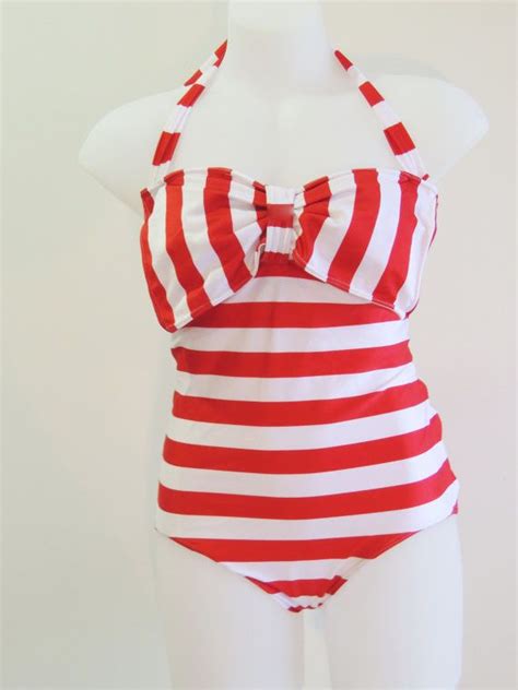 Red White Stripe Nautical Bow Onepiece Swimsuit Swimwear Neck Straps Lycra Spandex One Piece