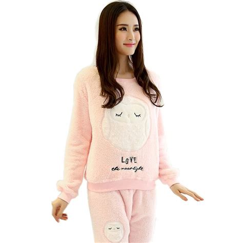 Winter New Thickened Cute Sleeping Owl Coral Fleece Pajamas Home Furnishing Suit Coral Velvet